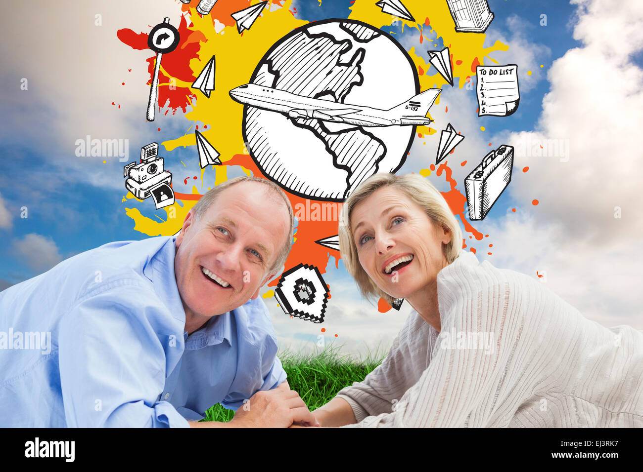 Image composite de mature couple lying and smiling Banque D'Images