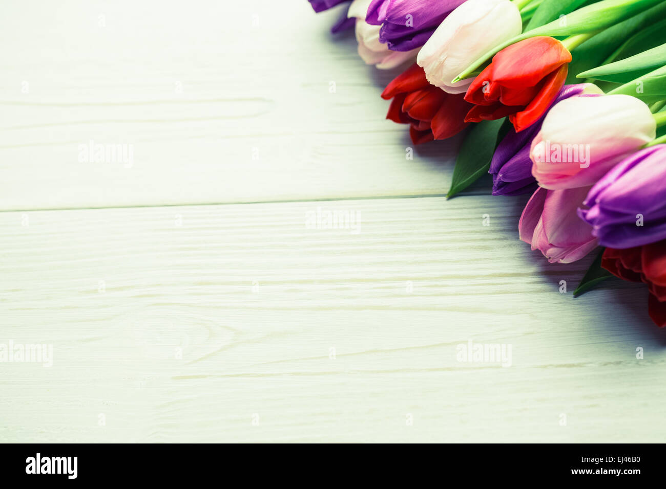 Tulipes colorées sur table en bois Banque D'Images