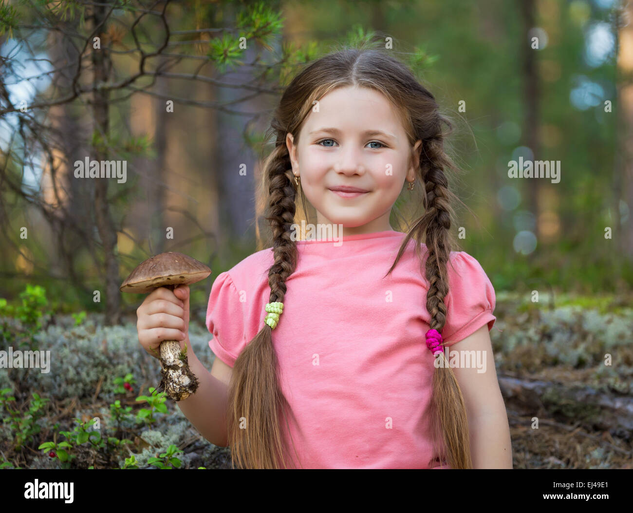 Petite fille ramasser des champignons dans la forêt Photo Stock - Alamy