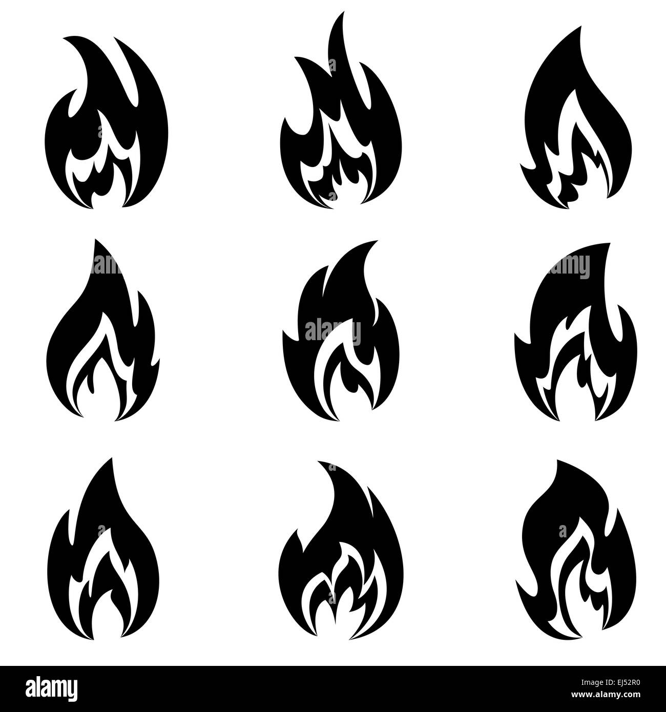 Flammes de différentes formes sur un fond blanc. Banque D'Images