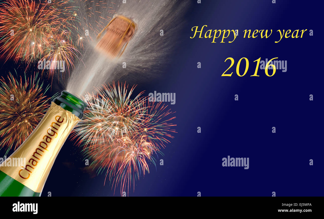 Bonne année 2016 avec popping champagne cork et firework Banque D'Images