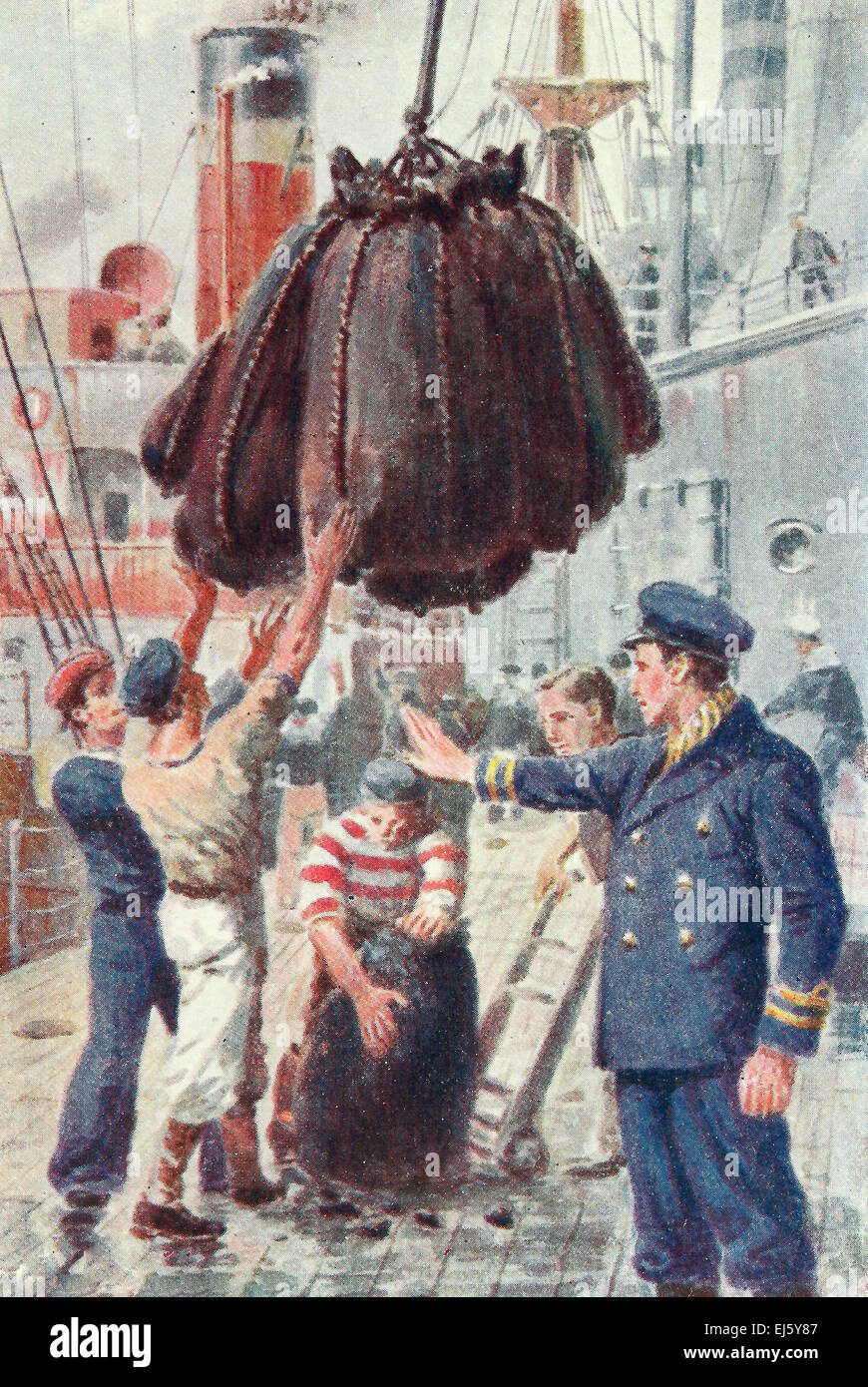 Coaling un navire - British Royal Navy - Bluejackets - WWI Banque D'Images