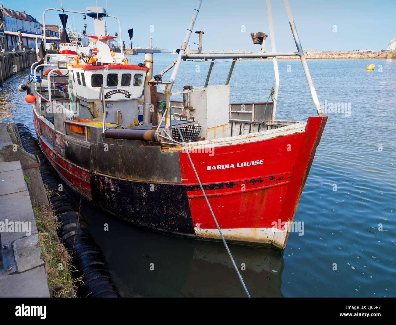 Pêche à la coquille rouge et blanc voile Sardia Louise W335 amarré à Whitby, North Yorkshire. Banque D'Images