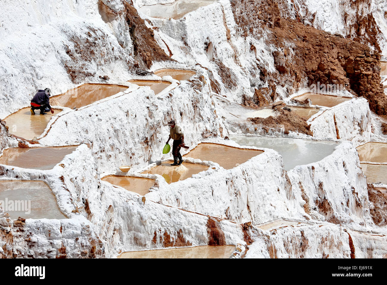 Les salines et les hommes la collecte de sel, Salineras (mines de sel), Cusco, Pérou Banque D'Images