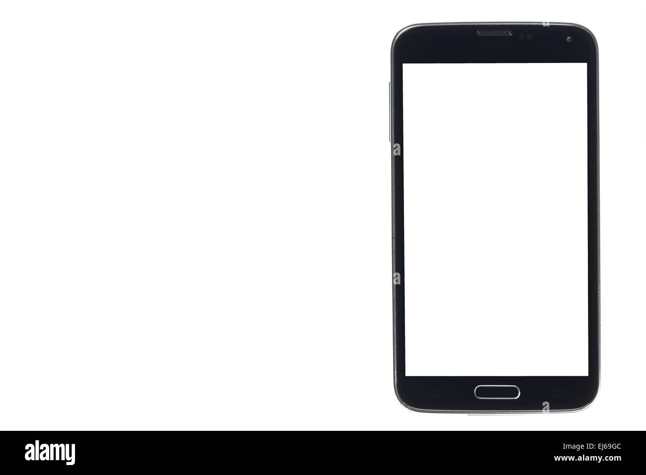 Smartphone noir avec bords d'argent et écran blanc isolé Banque D'Images