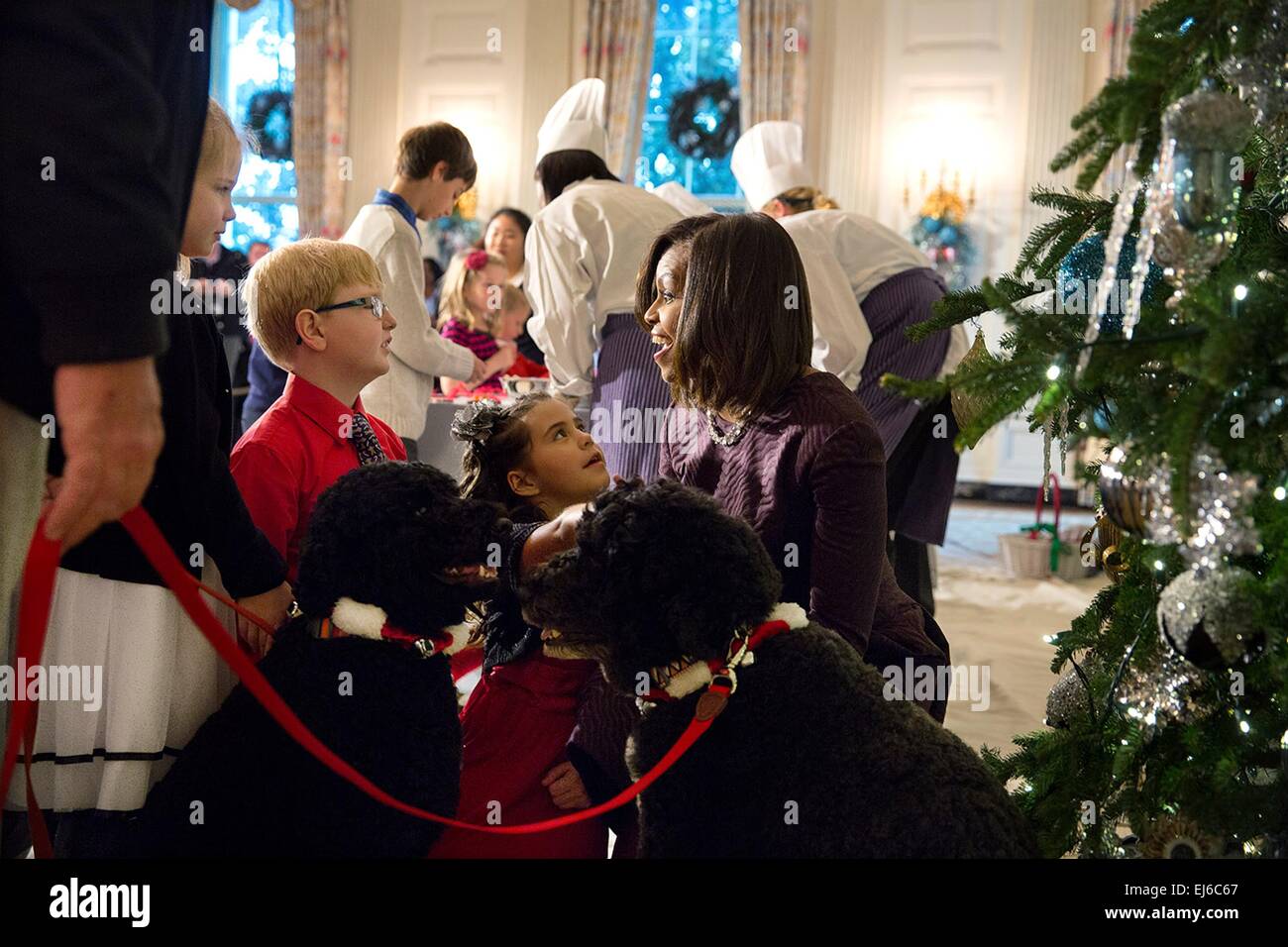 La Première Dame Michelle Obama avec animaux de Sunny et Bo, visiter avec les enfants des familles des militaires au cours d'un projet craft dans la salle à manger d'état de la Maison Blanche le 3 décembre 2014 à Washington, DC. Banque D'Images