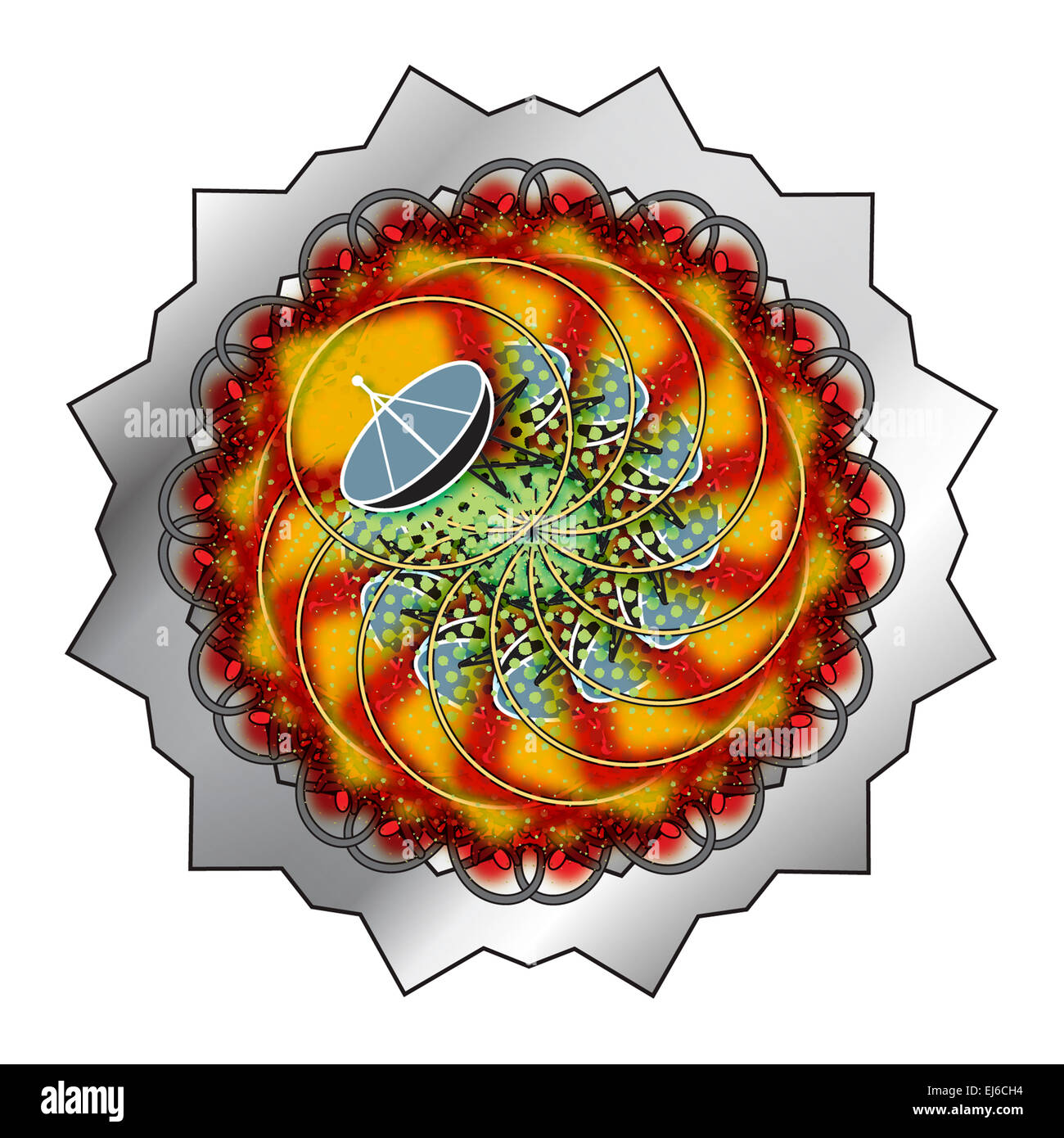 Un concept de communication libre dans la forme d'un mandala, mais, montrant un récepteur satellite dish. Banque D'Images