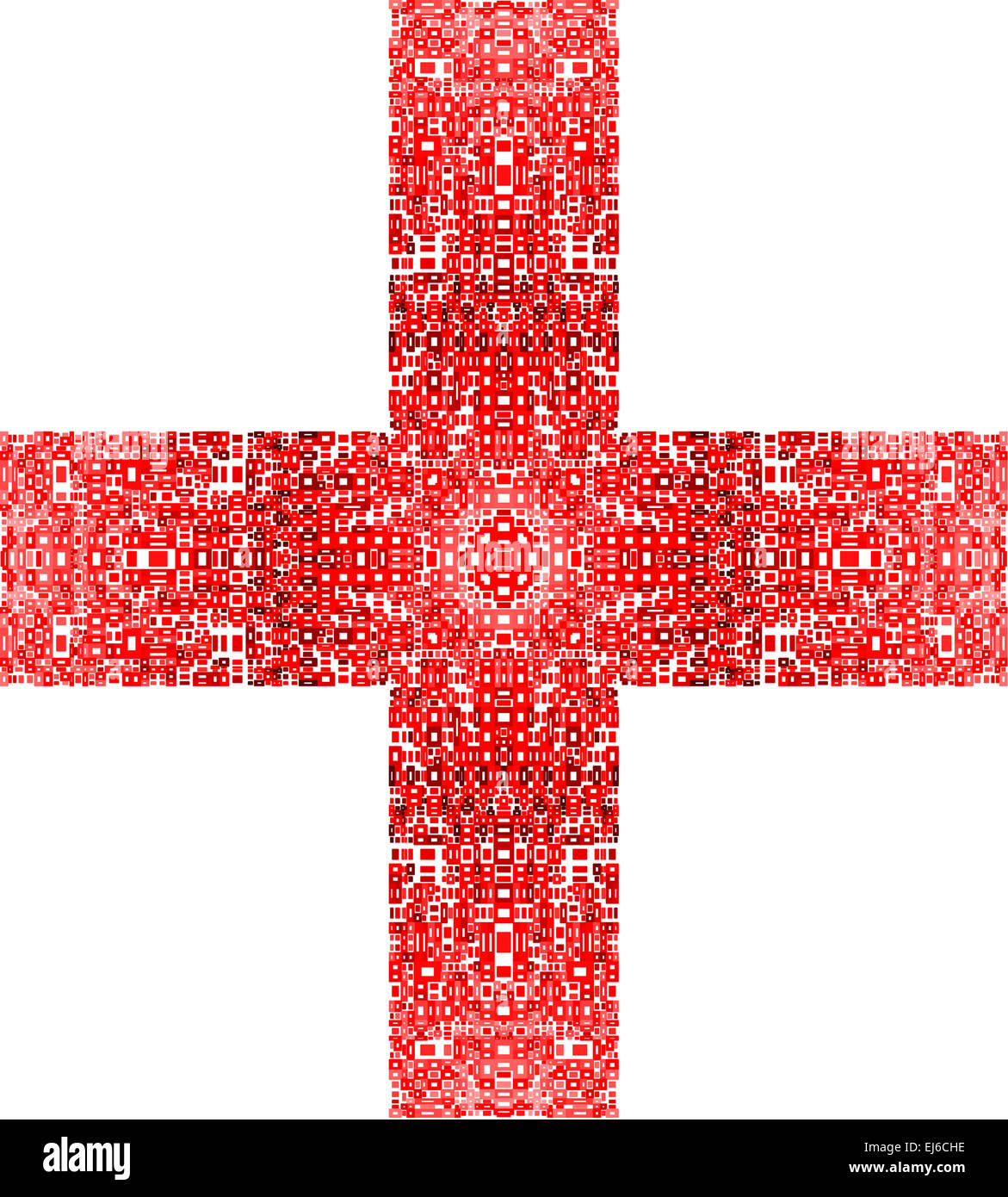 Une illustration d'une croix rouge, faite de plusieurs rectangles de différentes tailles, sur un fond blanc. Banque D'Images