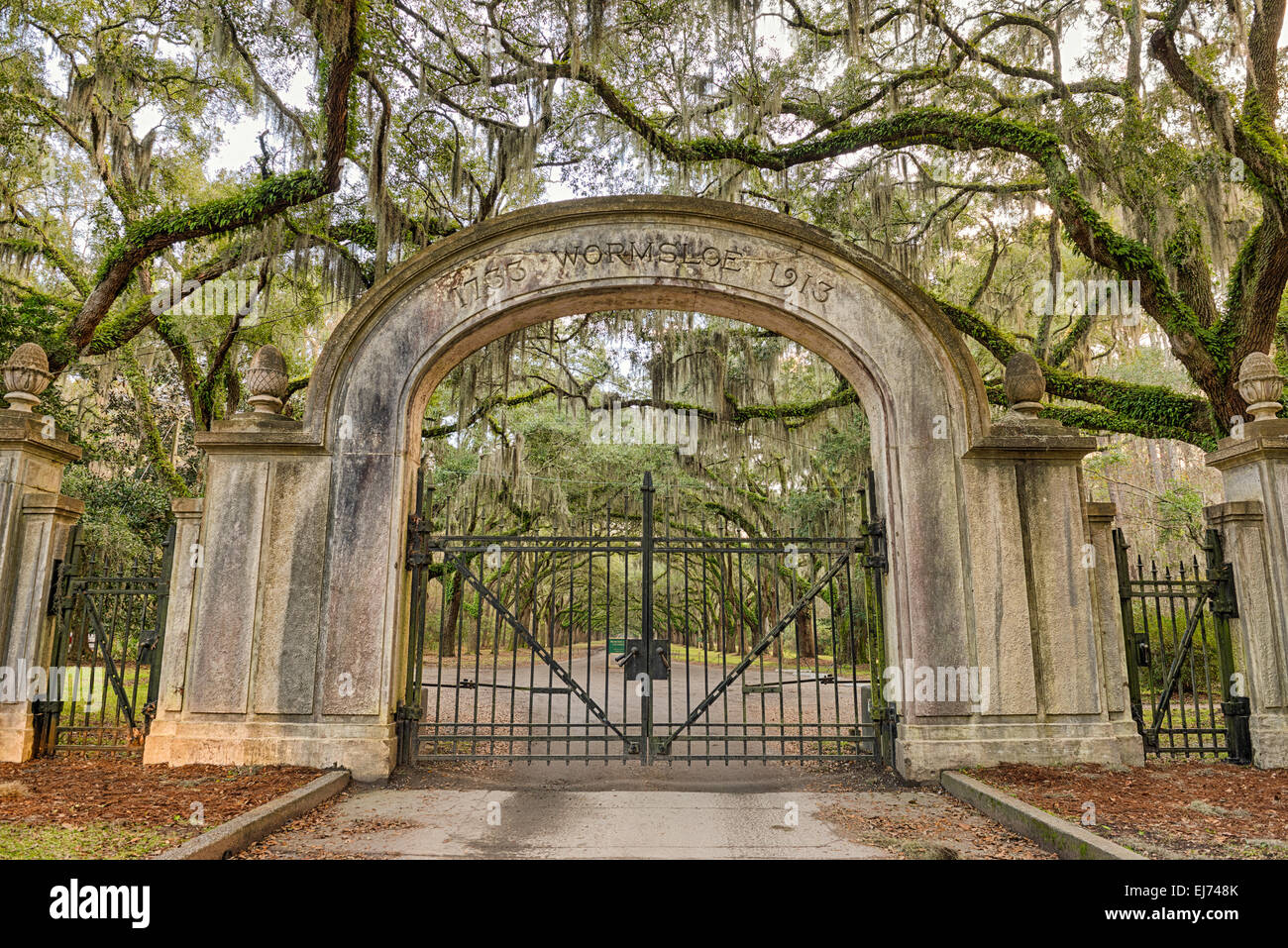 Le portail d'entrée à Plantation Wormsloe Site historique près de Savannah, Géorgie. Traitement HDR. Banque D'Images