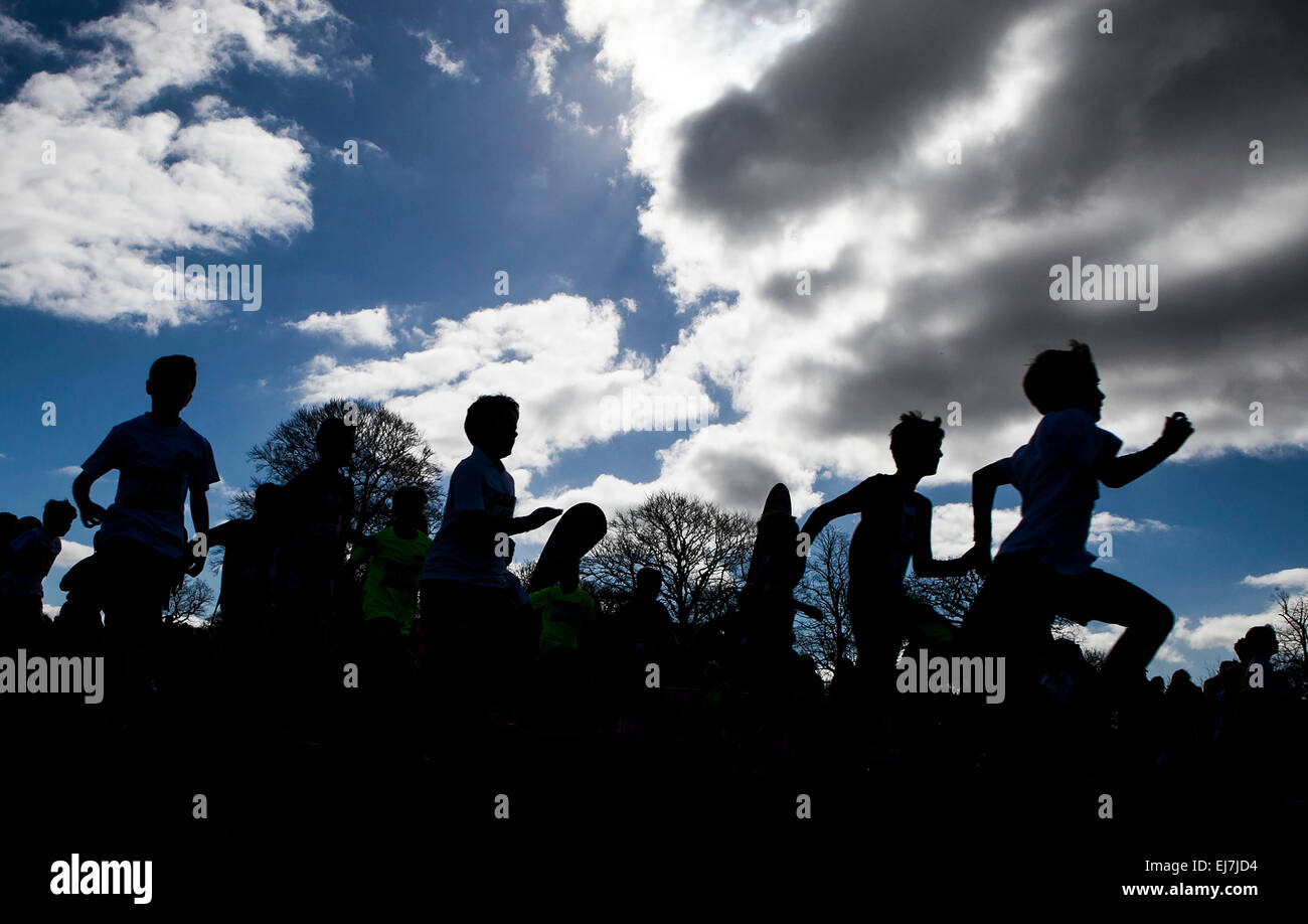 Silhouette d'enfants courant contre un ciel nuageux Banque D'Images