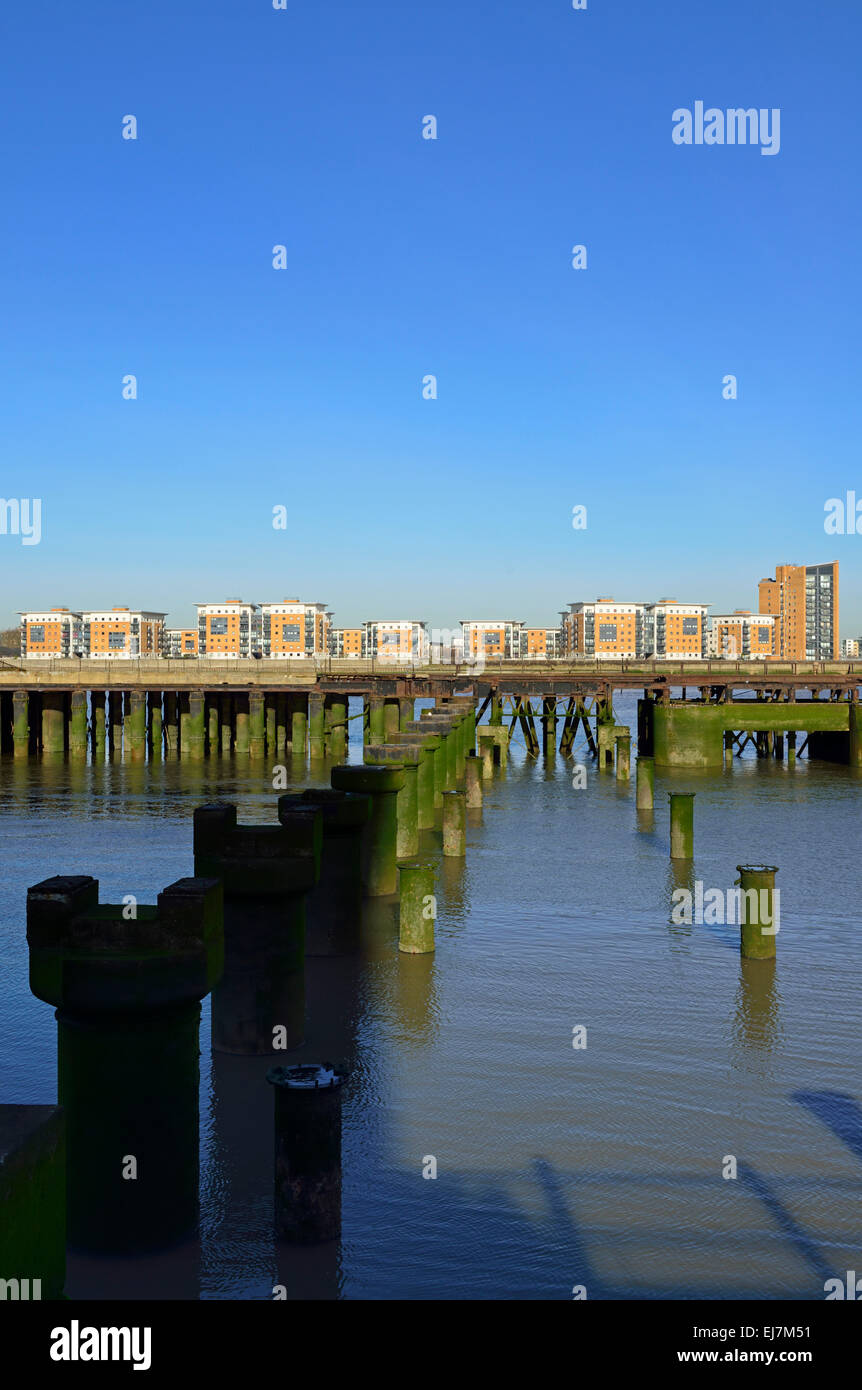 Pier moussus, estuaire de la rivière Thames, Woolwich, Londres, Royaume-Uni Banque D'Images