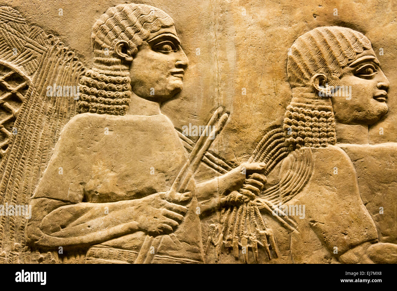 Détail de l'Assyrien secours sculpté de chasseurs. Datant de c645-635 BC. À l'origine dans la salle R de l'Palace, Ninive. Banque D'Images