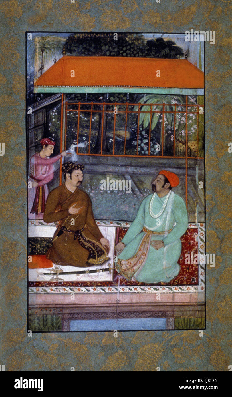 Un Rajput et Moghol converse. Peinture miniature moghole circa A.D. 1600 Inde Banque D'Images