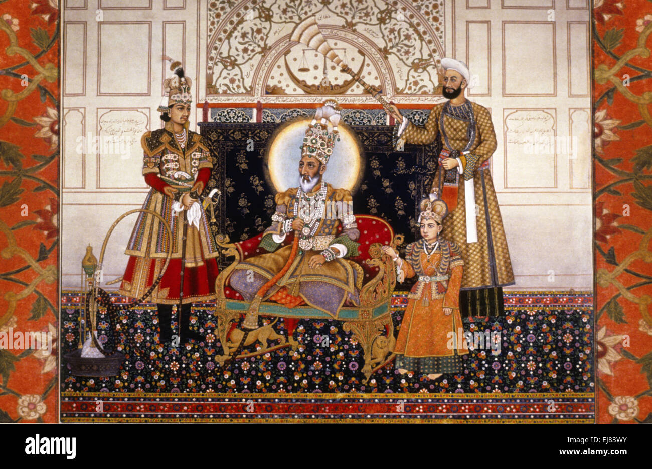 Bahadur Shah II et deux de ses fils avec un accompagnateur. Peinture miniature moghole circa A.D. 1838 Inde Banque D'Images