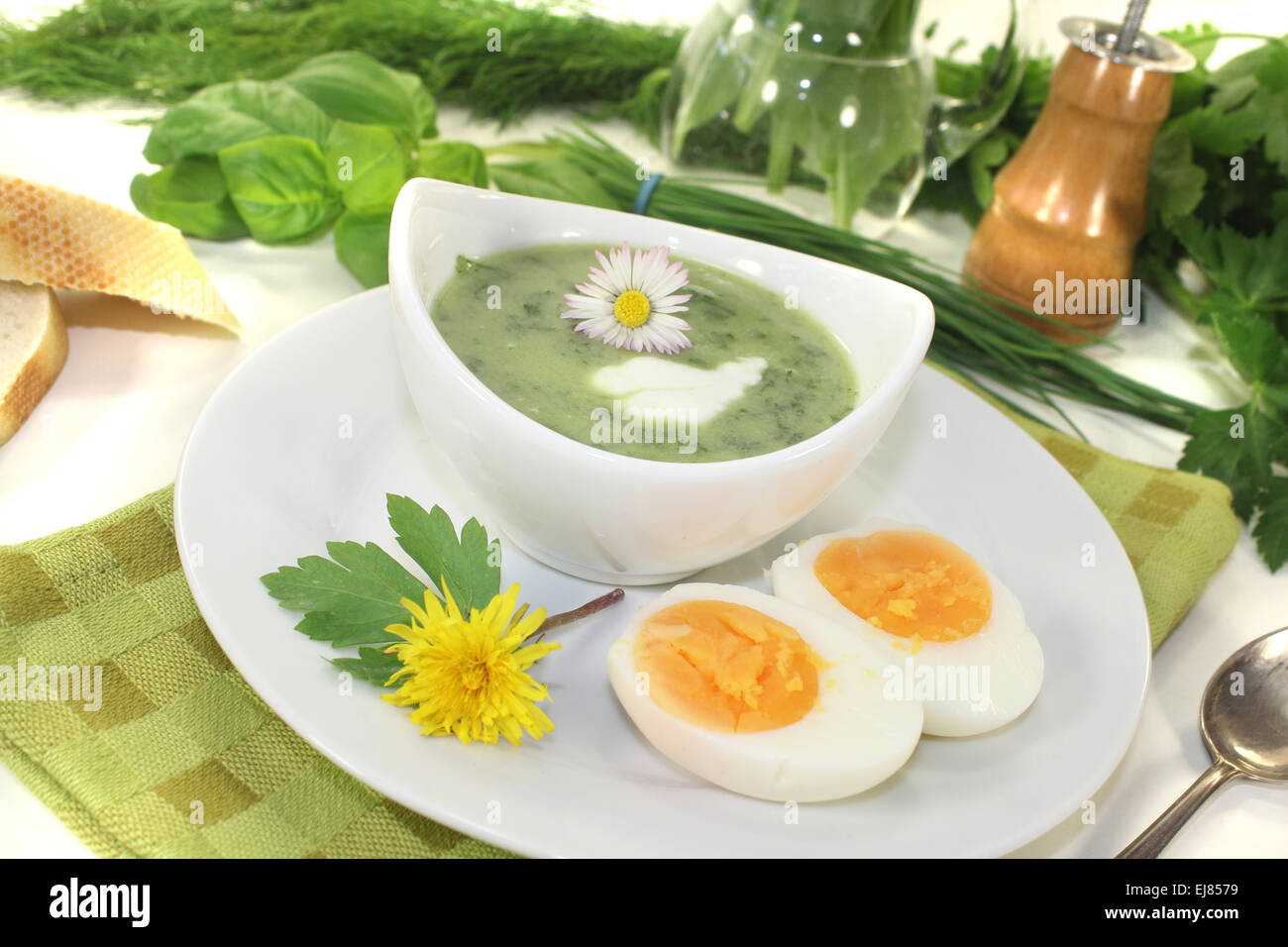 Soupe aux herbes avec des oeufs, une cuillerée de crème Banque D'Images