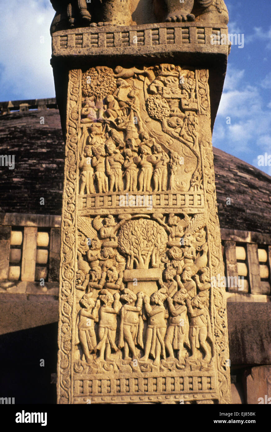 Stupa 1 ou Grand Stupa : West Torana, Mahakapi jataka. Sanchi, Dist Raisen, Madhya Pradesh Inde Banque D'Images