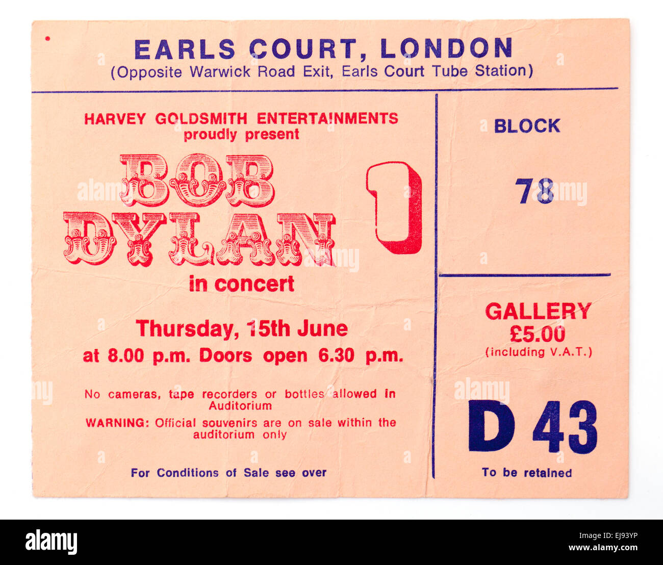 Old Vintage Concert Concert ou talon de billet pour Bob Dylan à Earls Court 1978 Banque D'Images