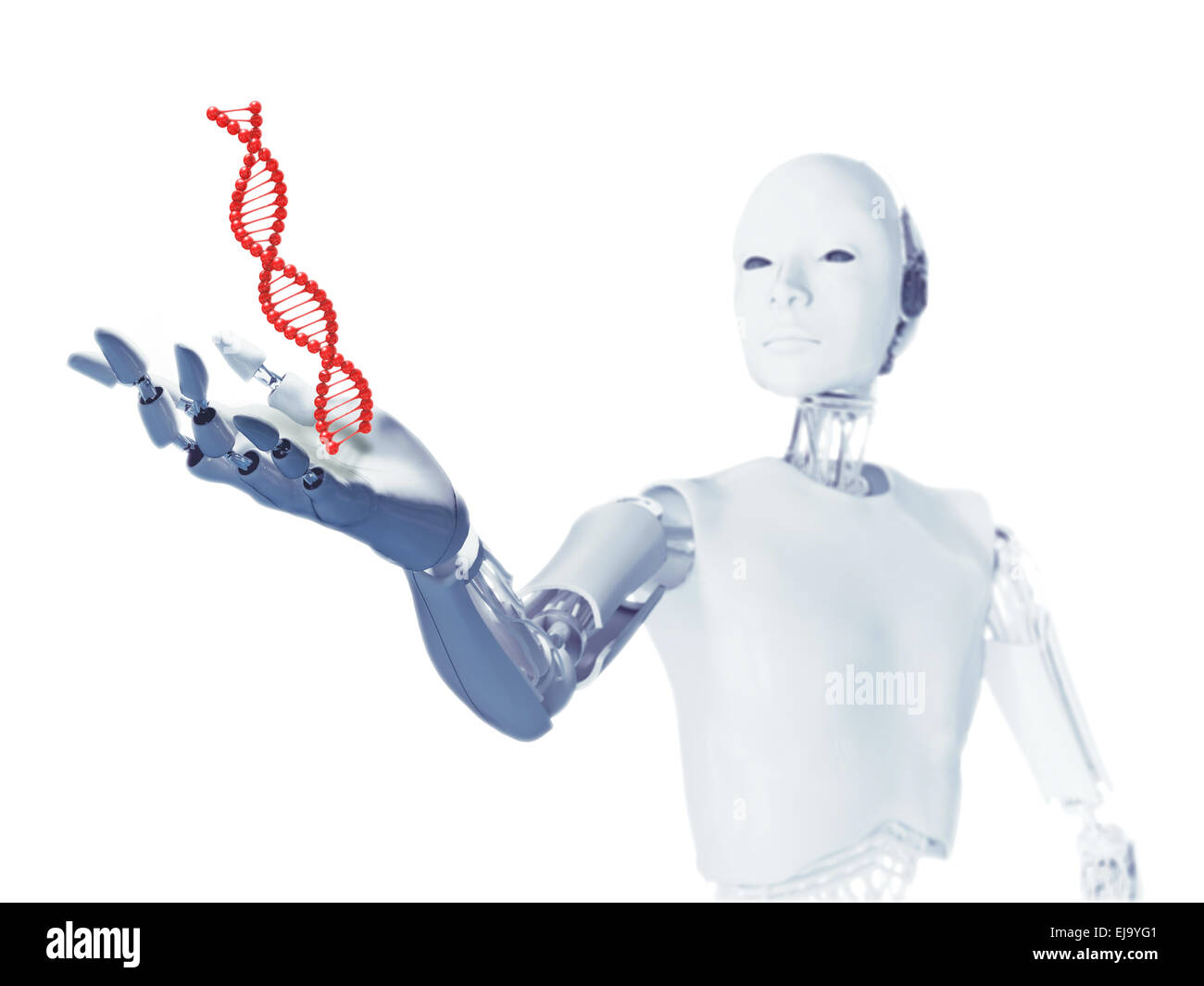 Un android futuriste de l'extension d'une main avec un brin d'ADN Banque D'Images