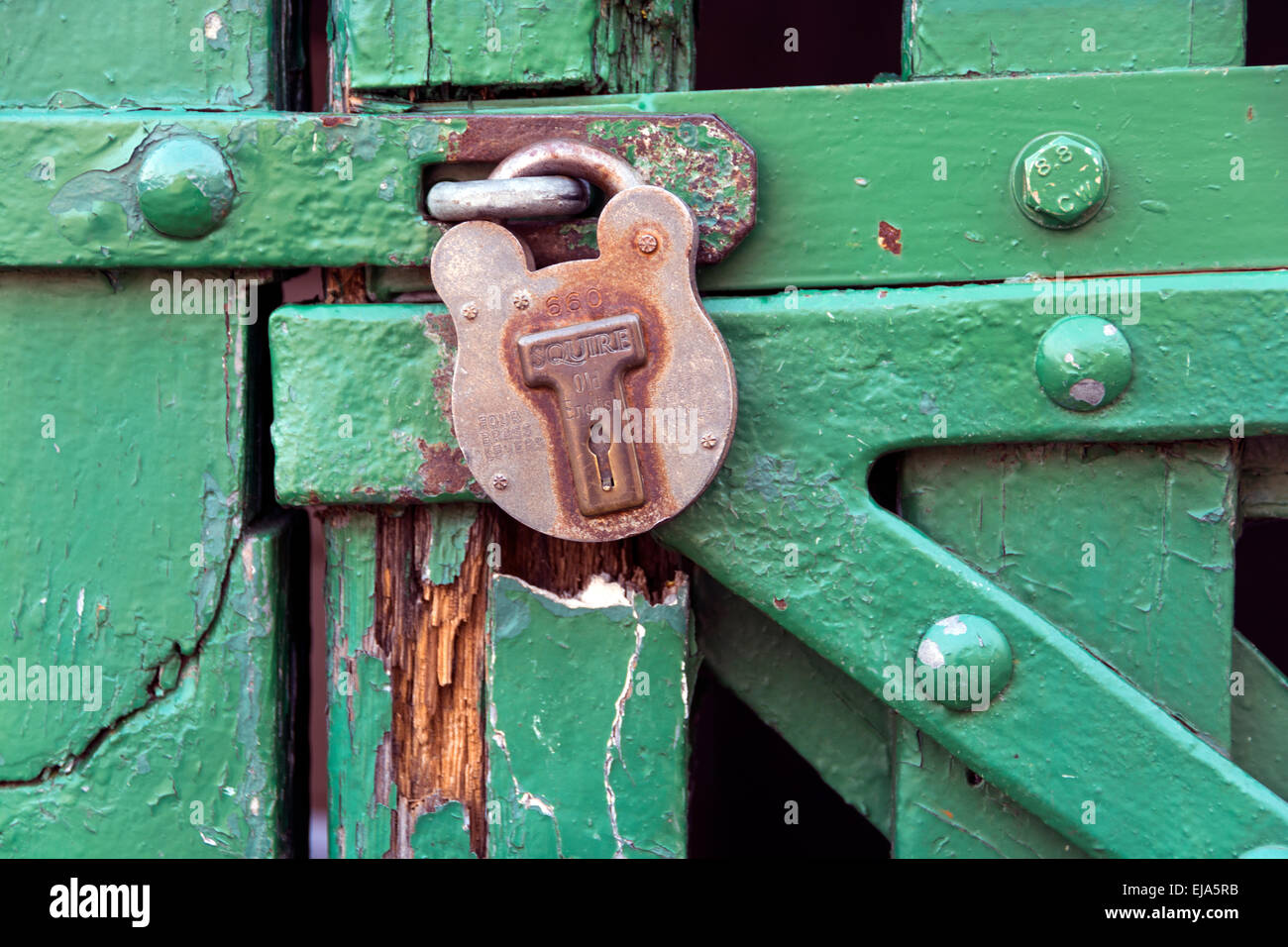 Un cadenas sur une porte de grange en bois peint en vert. Banque D'Images