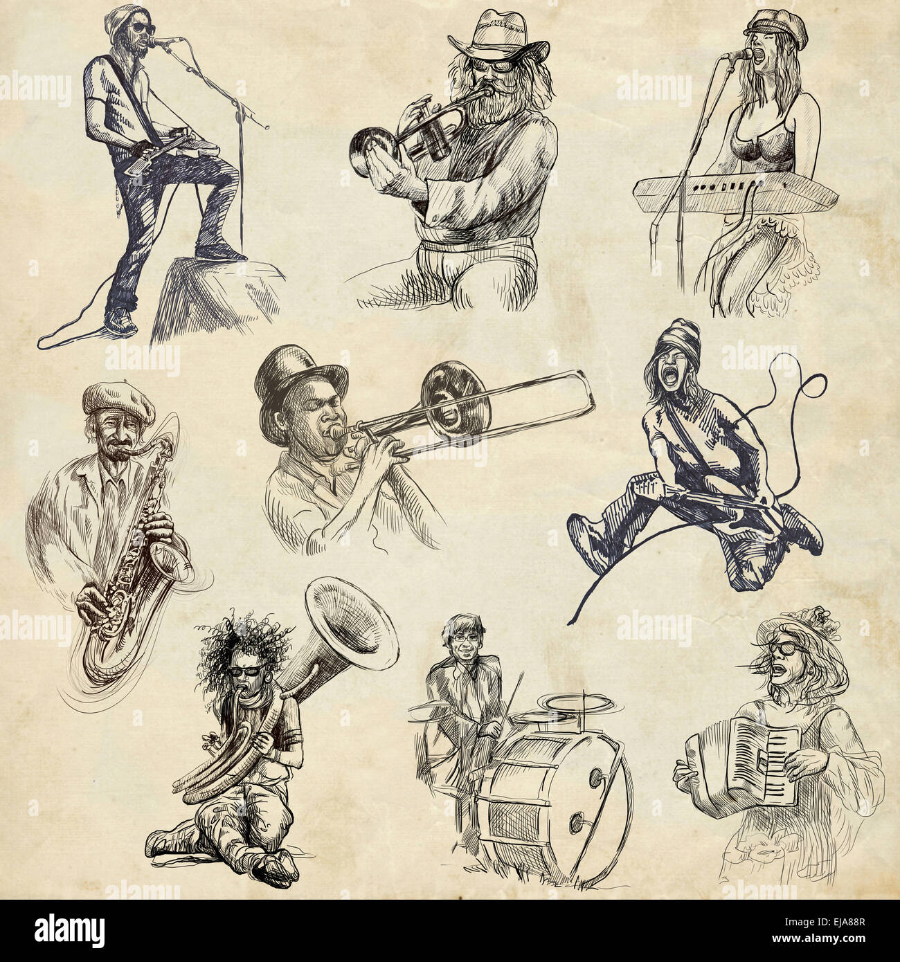 À partir de la série : Musique et musiciens dans le monde - Collection d'un hand drawn illustrations. Description : Grand tirage main Banque D'Images