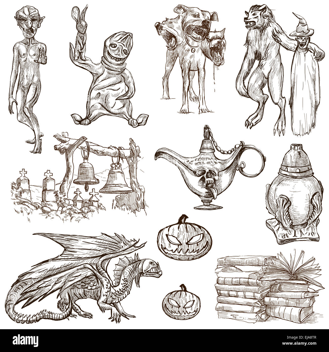 (Halloween, monstres, Magie et contes de fées) - Collection (no5) d'une part tirée des illustrations. Grand hand drawn illustrati Banque D'Images