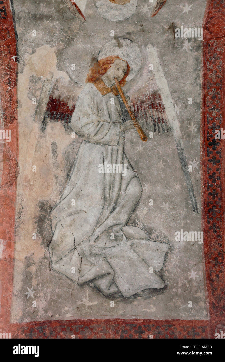 Fresque médiévale dans le porche du 14ème siècle, l'église de Notre Dame de Tramesaygues d'Audressein Banque D'Images