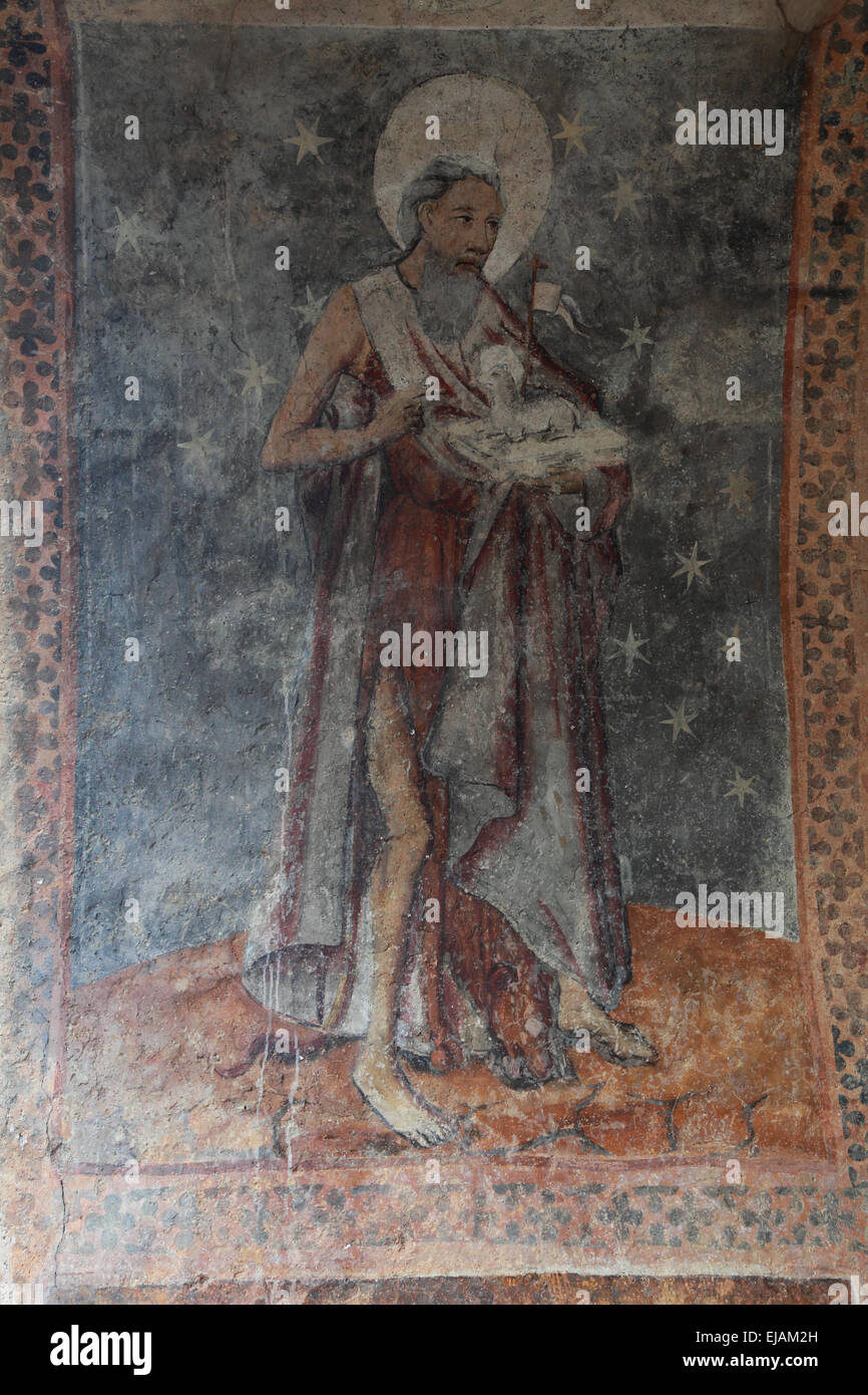 Fresque médiévale dans le porche du 14ème siècle, l'église de Notre Dame de Tramesaygues d'Audressein Banque D'Images