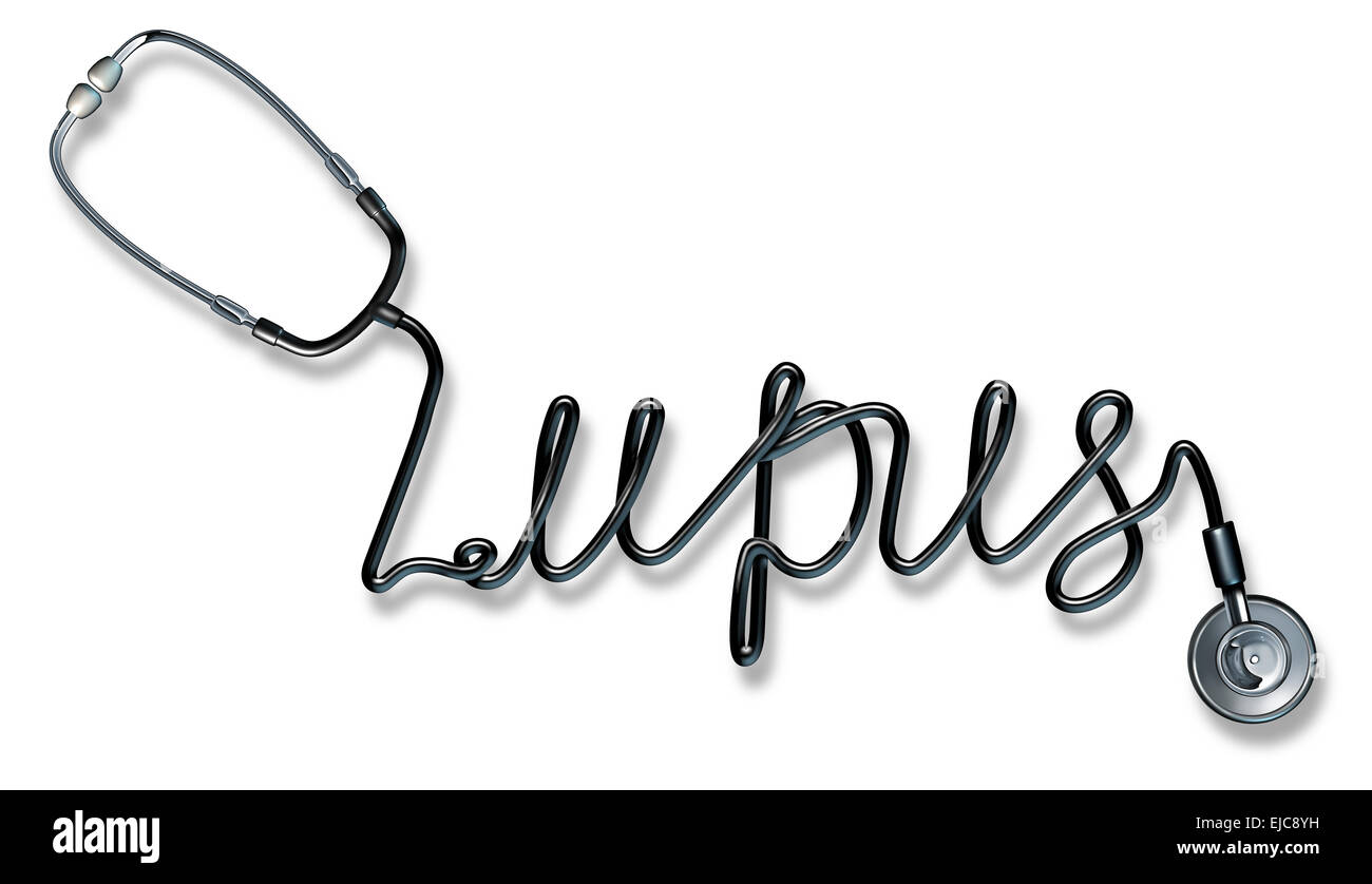 Le lupus maladie soins de santé médical concept comme d'un stéthoscope en forme de police écrit représentant un diagnostic ou de traitement pour les symptômes de maladie auto-immune sur un fond blanc. Banque D'Images