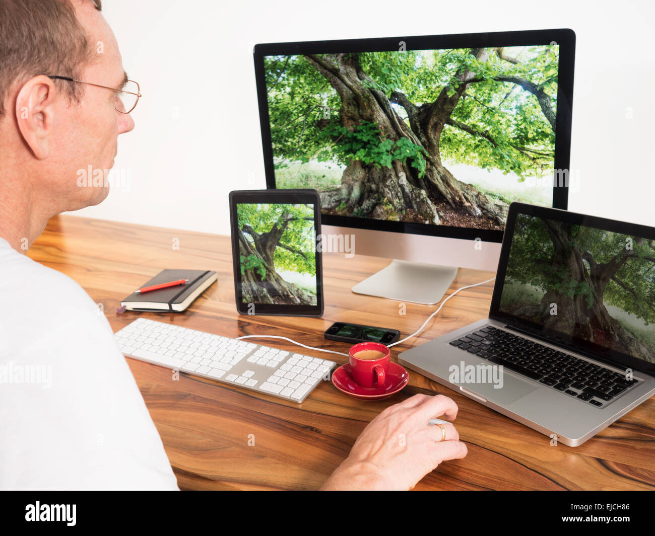 Homme avec PC en réseau et d'appareils mobiles Banque D'Images