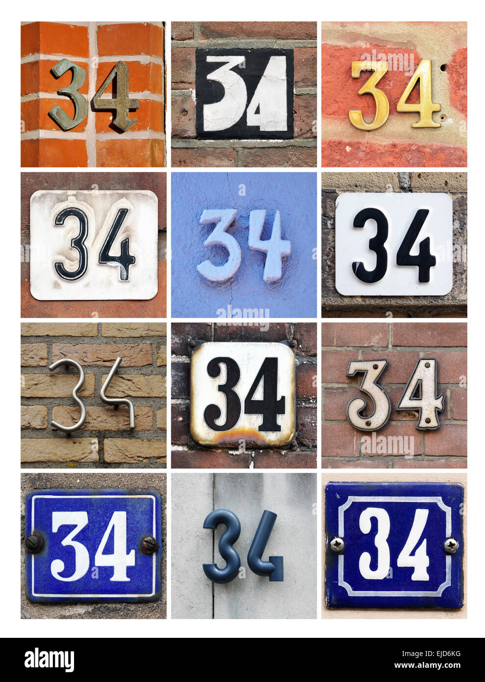 34 numéros - Collage de trente-quatre numéros de maison Banque D'Images