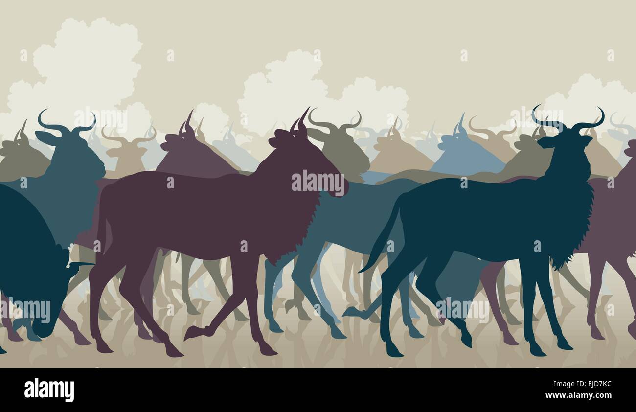Spe8 vecteur illustration découpe modifiable d'un troupeau de gnous adultes Illustration de Vecteur