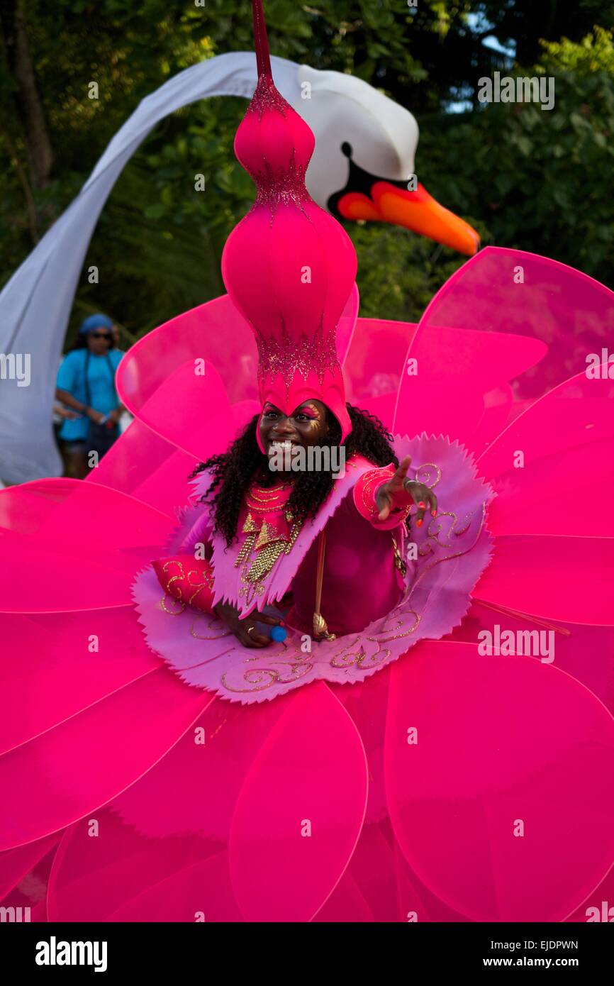 Flotteur avec câble et sans fil au carnaval international de Victoria aux Seychelles, avec des tenues de fleurs Banque D'Images
