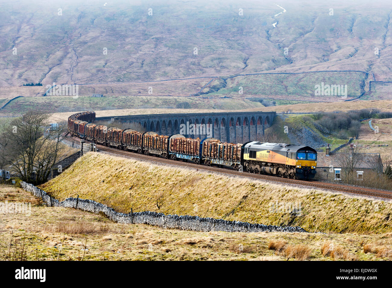 Un train transportant des feuilles de journaux Ribblehead Viaduc, Yorkshire du Nord, sur la ligne de chemin de fer s'installer à Carlisle. Destination de l'usine de traitement de Chirk, Pays de Galles. Banque D'Images
