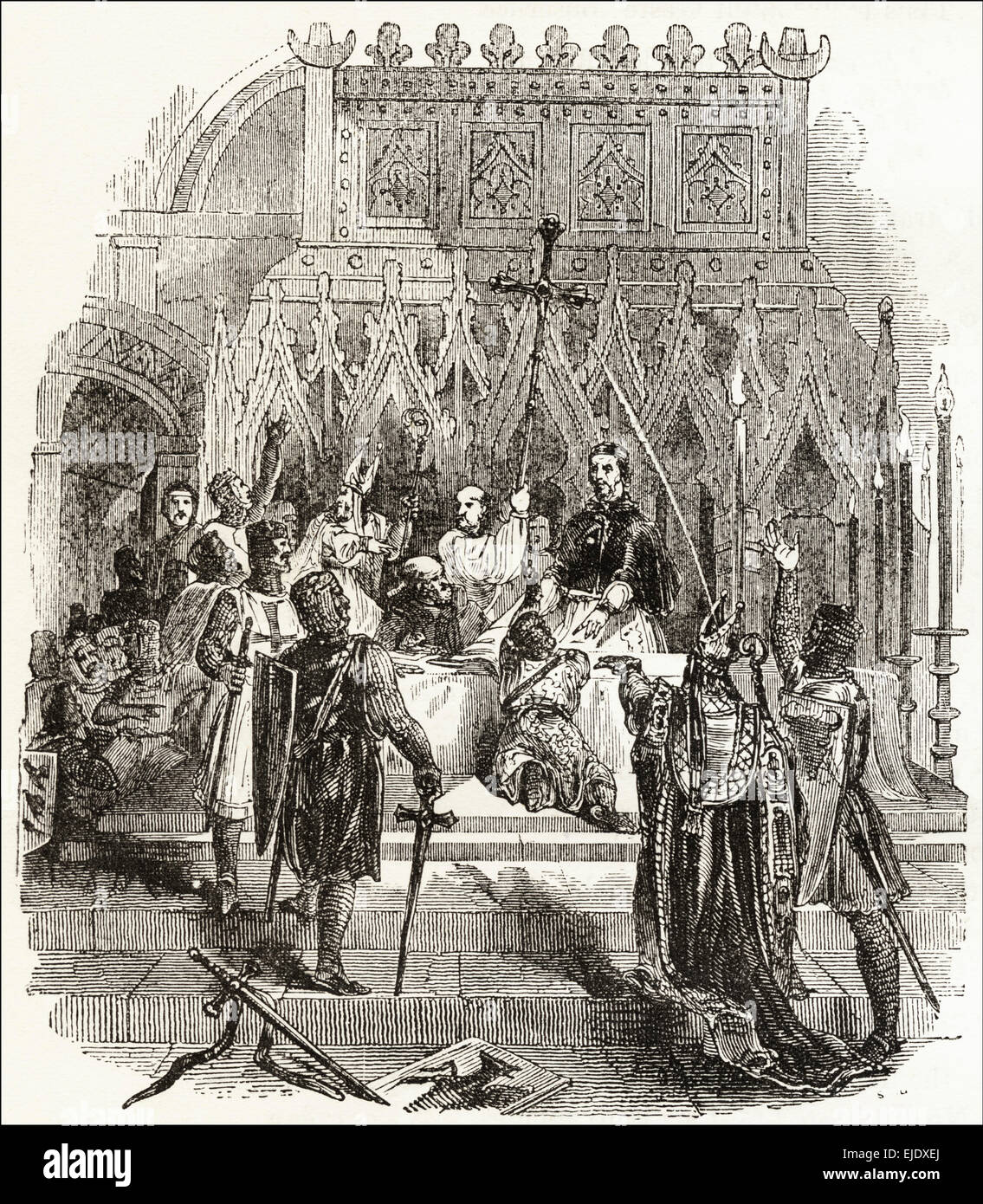 Les Barons se réunira à l'autel de St Edmundsbury pour contraindre le roi Jean de mettre son sceau sur la Magna Carta. La gravure sur bois victorien circa 1845. Banque D'Images