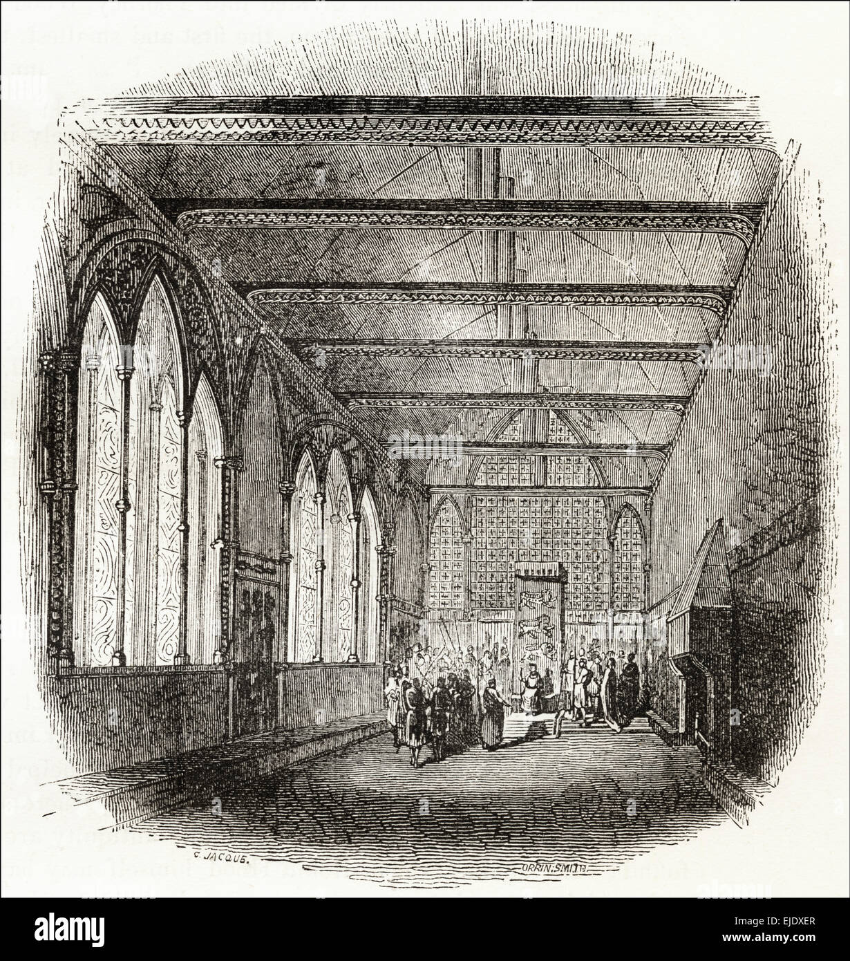 Le roi John holding cour dans son palais de Westminster. La gravure sur bois victorien circa 1845. Banque D'Images