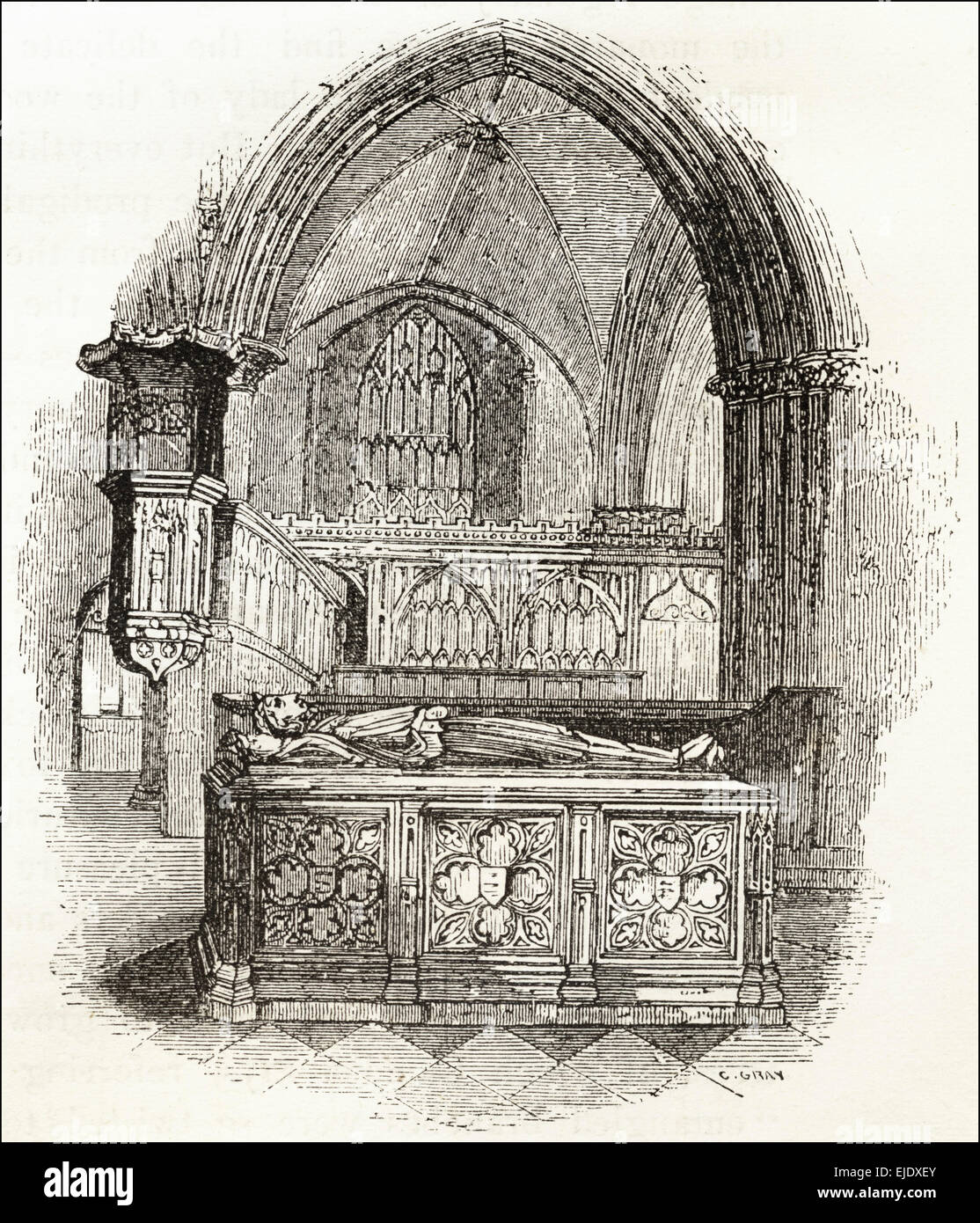 Tombeau du Roi John dans la Cathédrale de Worcester. La gravure sur bois victorien circa 1845. Banque D'Images