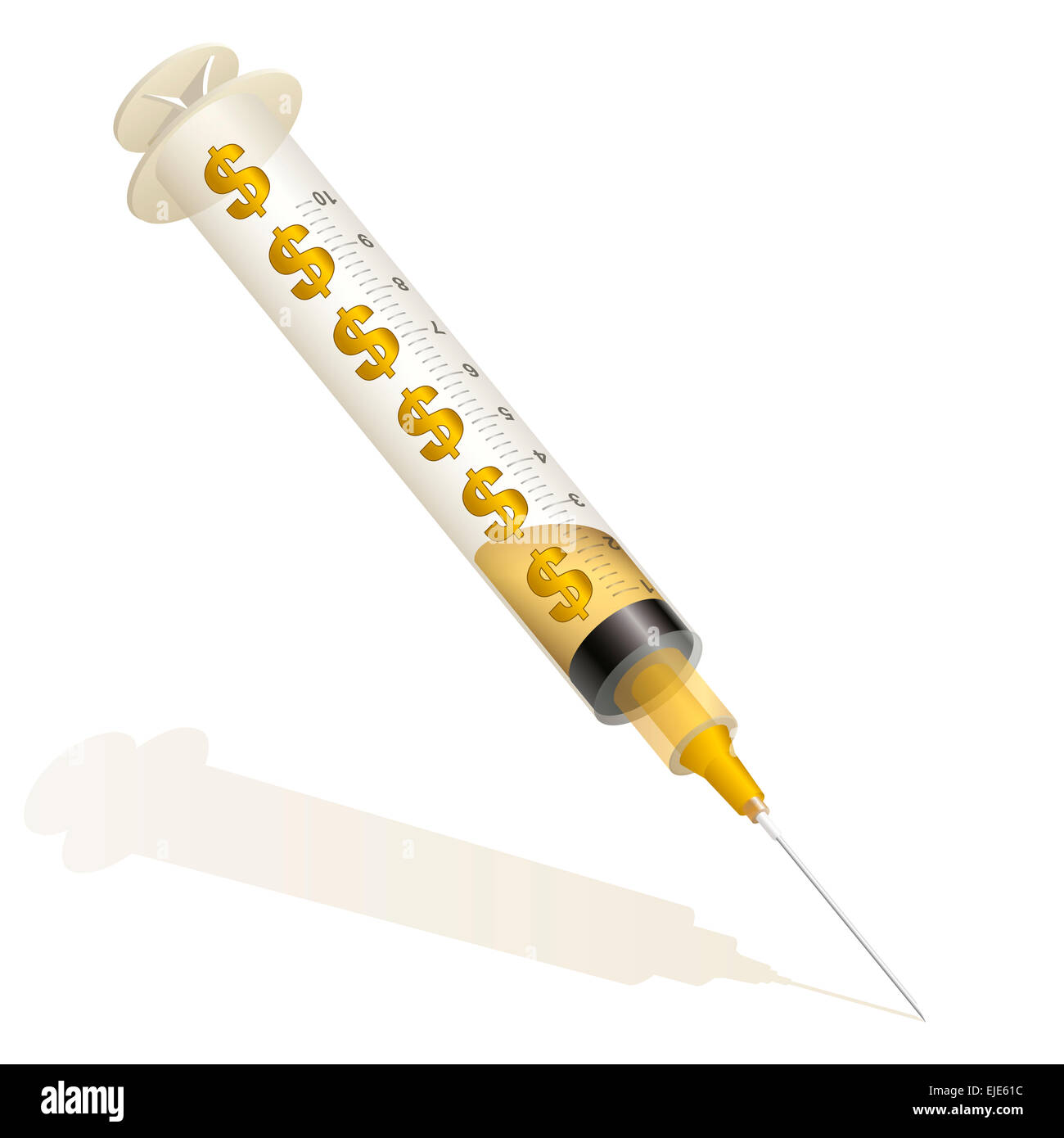 Seringue avec injection de liquidités de symboles du dollar en or - illustration sur fond blanc. Banque D'Images