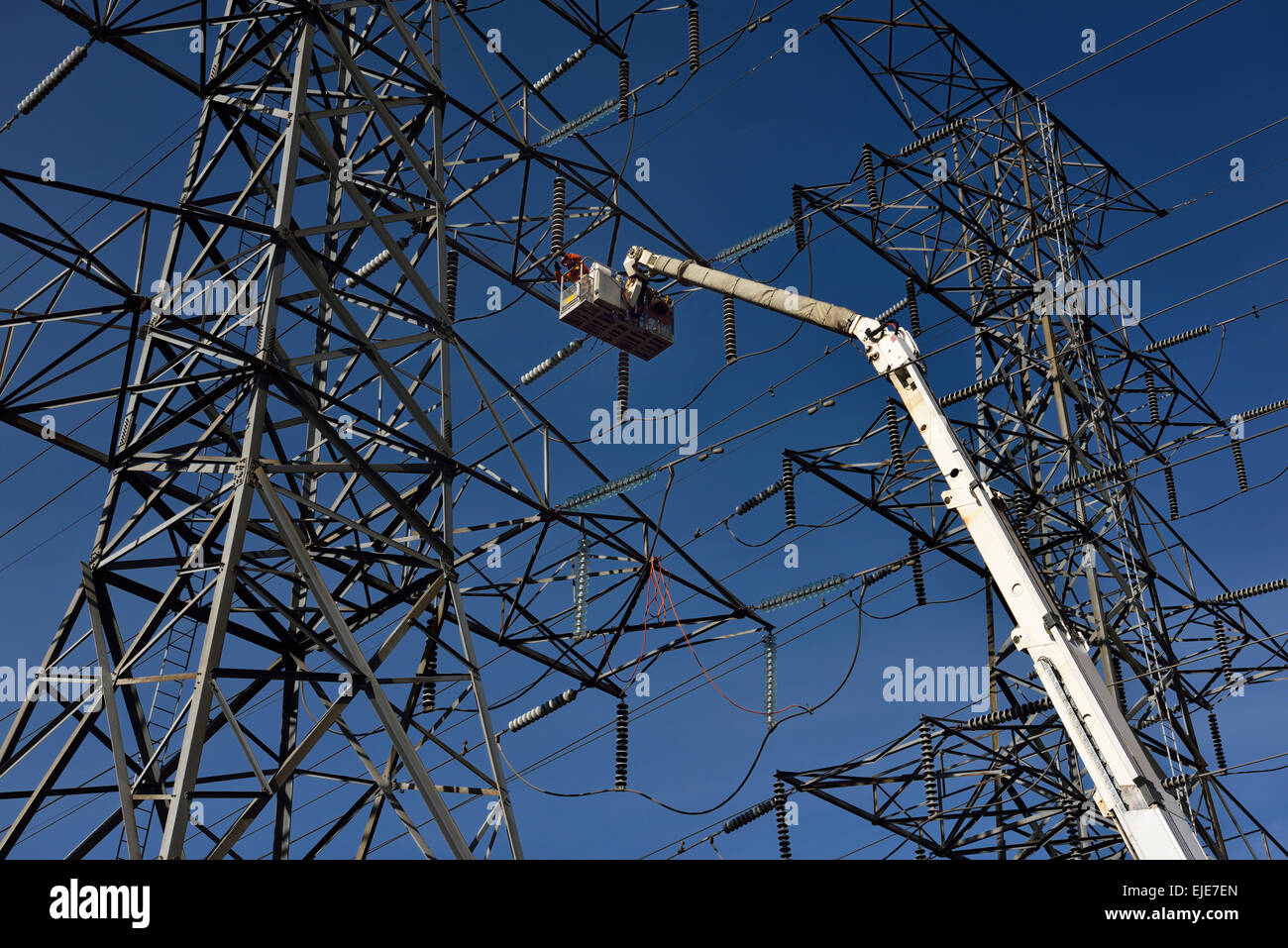 Les monteurs-Hydro sur nacelle travaillant pour remplacer les isolateurs de suspension sur l'électricité à haute tension ligne électrique tower Banque D'Images