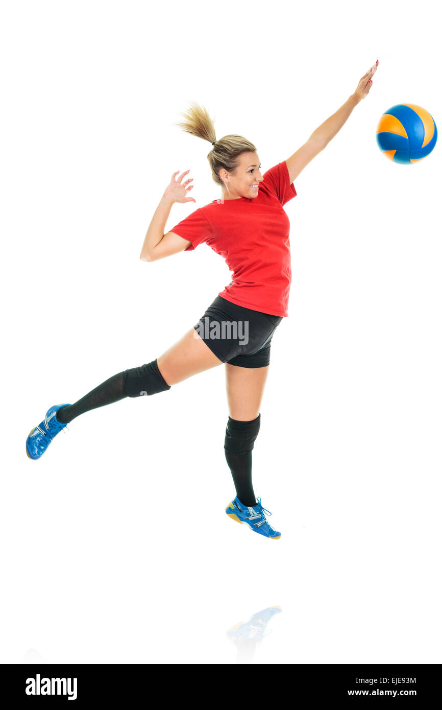 Les jeunes, la beauté de volley-ball. Isolé sur blanc en studio Banque D'Images