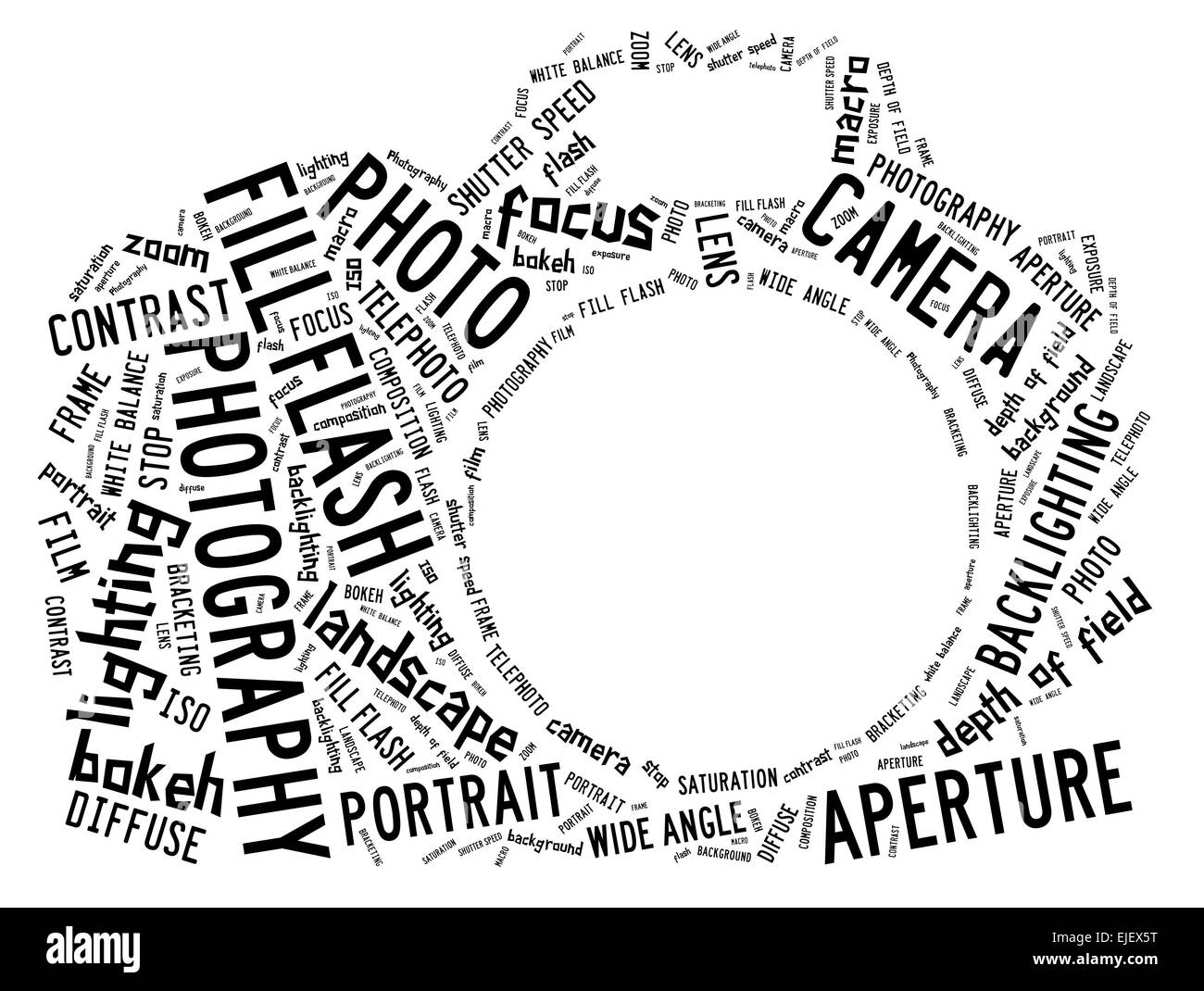 Nuage de mots dans la forme d'une caméra montrant des mots qui traitent de la photographie Banque D'Images