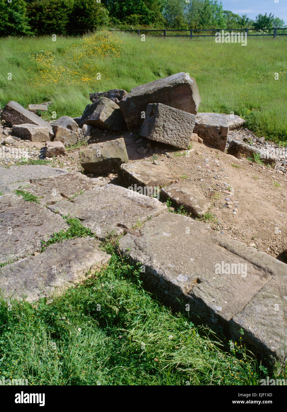 Piercebridge, N Yorks : blocs de pierre romaine tenue ensemble par Cramp-fers, ancien piers appuyant une chaussée en bois transportant Dere Street à travers le Tees. Banque D'Images