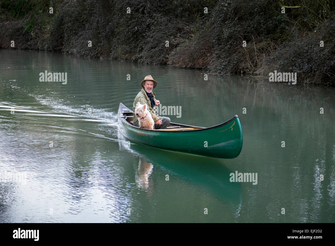 Un homme et son chien dans un canot à moteur sur le Canal de Basingstoke Banque D'Images