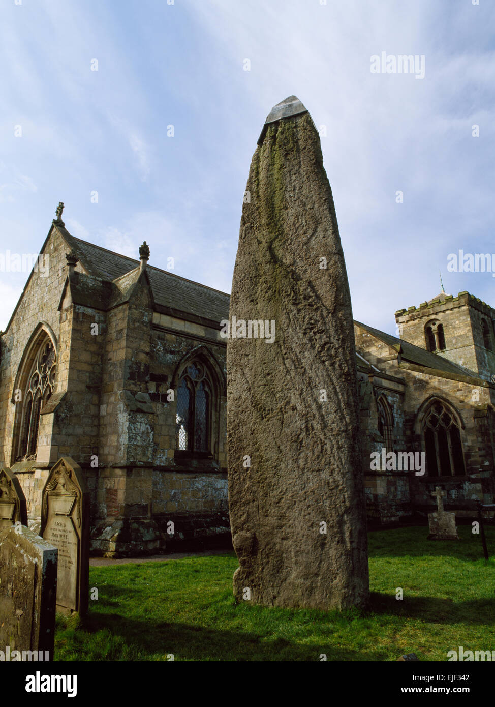 À 7,7 m c l'Rudston Monolith, East Yorkshire, est le plus haut standing stone en Grande-Bretagne, un pilier de pierre meulière obliques a 10 kilomètres de là. Banque D'Images