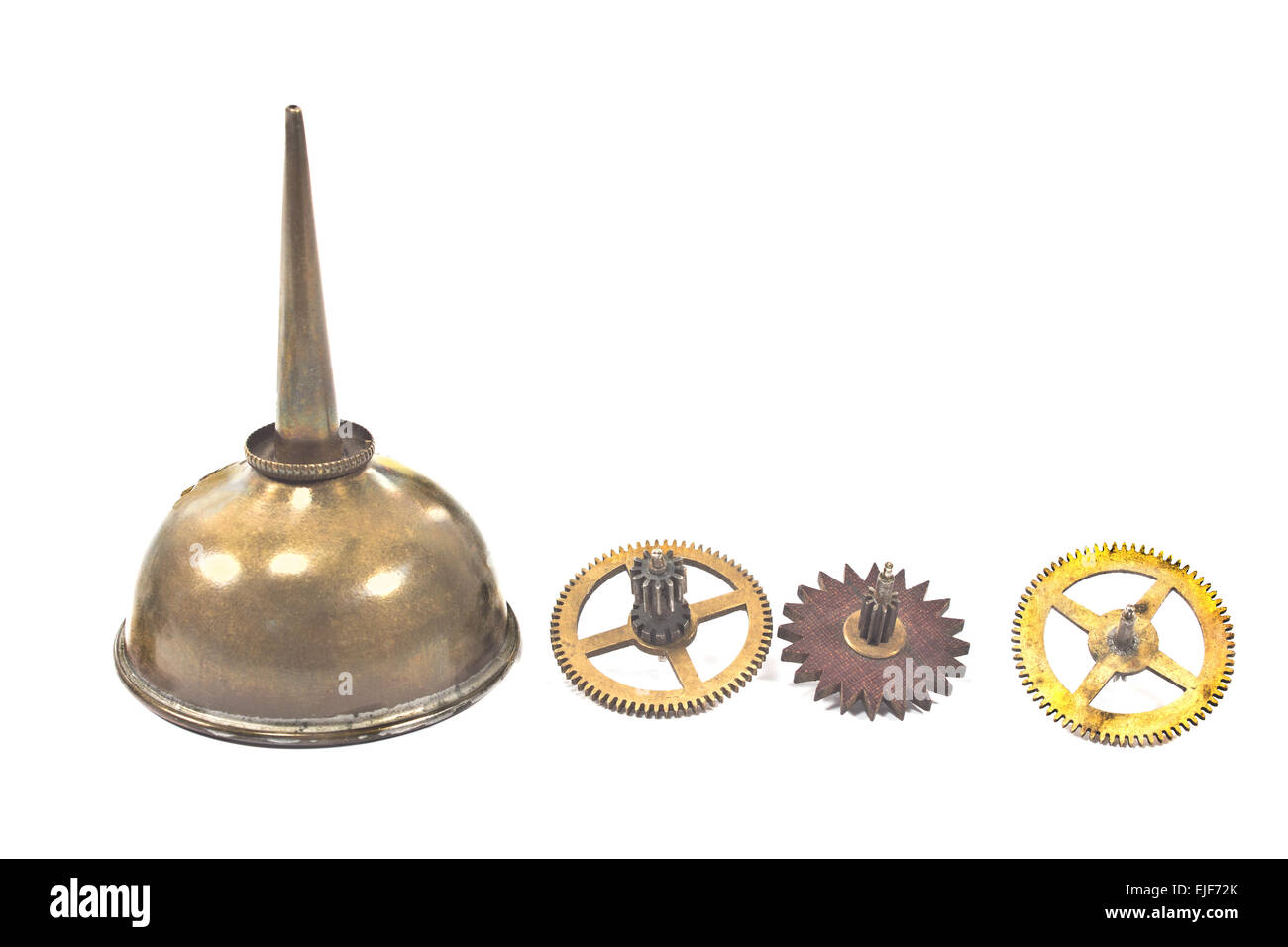 Vintage huile peut dropper avec engrenages roues dentées isolated on white Banque D'Images