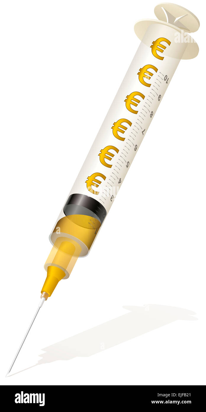 - Injection de liquidités de seringue avec golden euro signes - illustration sur fond blanc. Banque D'Images