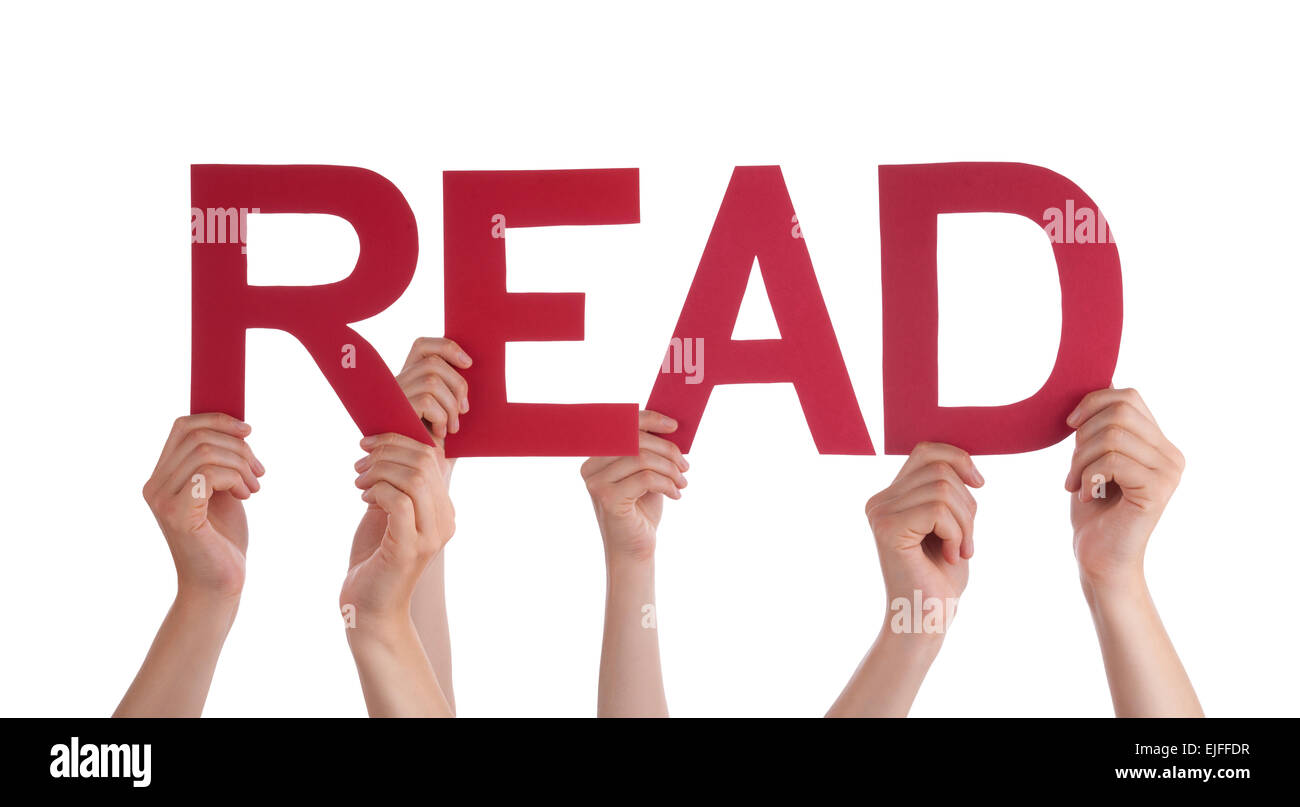 De nombreux peuples caucasiens et mains tenant droite rouge des lettres ou des caractères isolés L'édifice Mot anglais lu sur Blanc Retour Banque D'Images