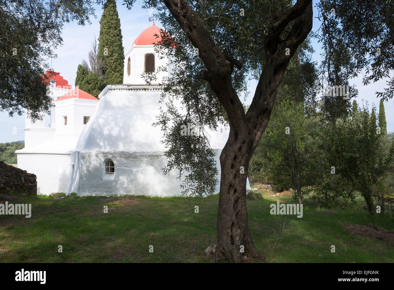 Eglise Orthodoxe Grecque blanchis à El Greco Apartments, Hotel Hirschen, par olivier grove dans le nord de Corfou, Grèce Banque D'Images