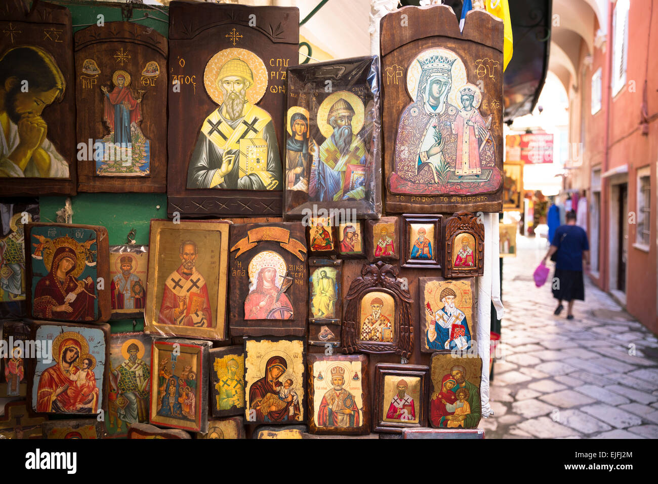 L'art religieux orthodoxe grec d'icônes dans la boutique Shop à Kerkyra, Corfou, Grèce Banque D'Images