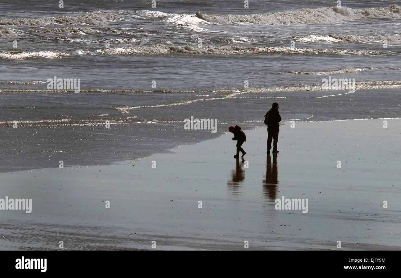 Les gens en silhouette sur une plage en plein soleil, à marée basse. Banque D'Images