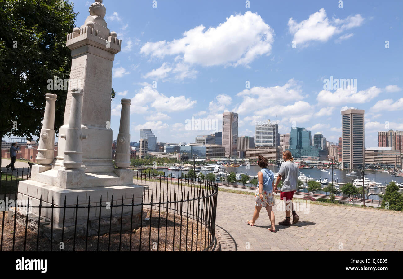 Couple walking passé l'Armistead Monument sur la colline surplombant fédéral le port intérieur de Baltimore dans le Maryland. Banque D'Images